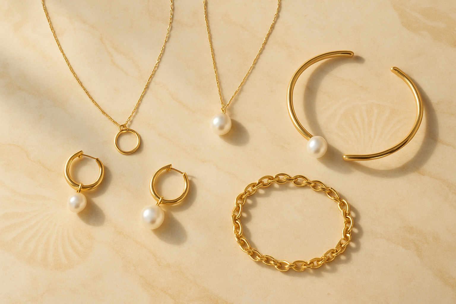 image de bijoux or de lux sur fond creme marbre qui fait penser au bord de mer